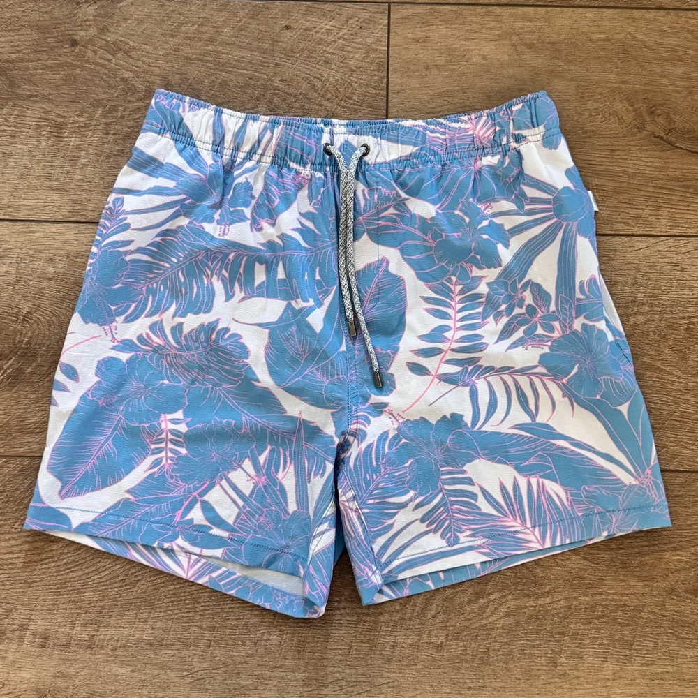 Quick Dry Men's Tropical Blue Swim Shorts Elastic Drawstring Tie Waist Size L‎
